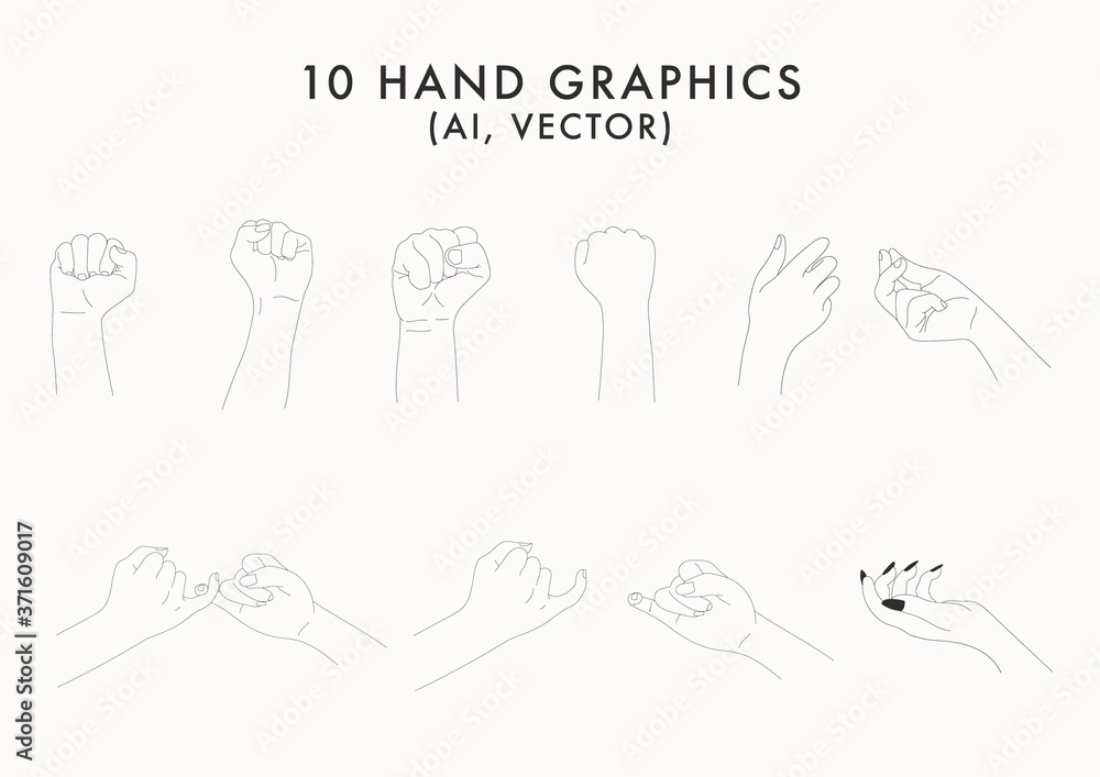 A set of icons women's hands in a trendy minimal linear style. Vector Illustration of female hands with various gestures