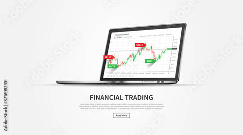Stock trade promo page with laptop vector illustration. Web banner template for trading companies graphic design. Financial chart buy and sell signals for stock exchange market concept.
