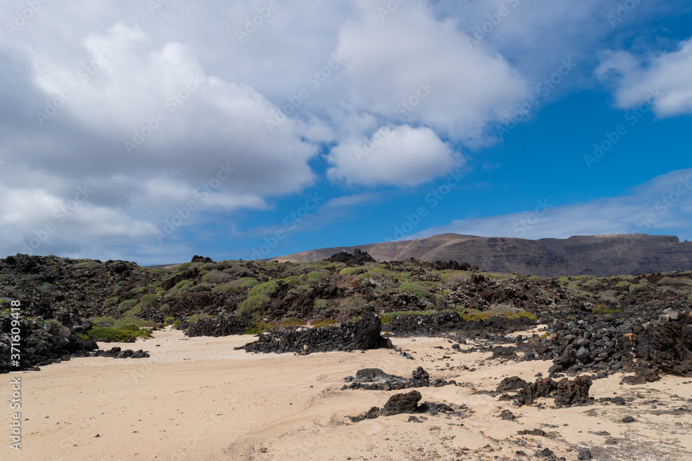 View of volcanic rocks and vegetation on Caleton Blanco beach, Lanzarote Canary Islands View of volcanic rocks and vegetation on Caleton Blanco beach, Lanzarote Canary Islands