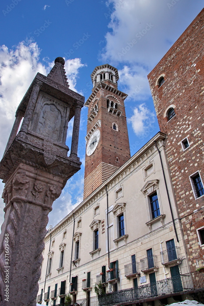 Horizontal picture of Piazza delle Erbe and Lamberti Tower in Verona