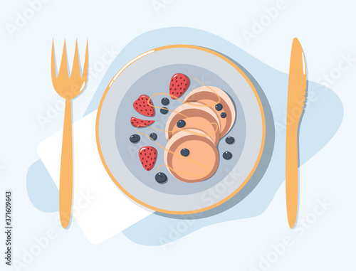 Pancakes with strawberry, blueberry and honey on the plate. Time for breakfast.