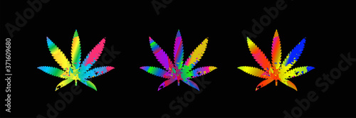 Cannabis leaves on multicolored gradient backgrounds. Vector illustration on black