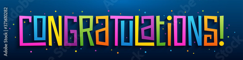 CONGRATULATIONS! colorful vector hand lettering greeting card with confetti on blue background