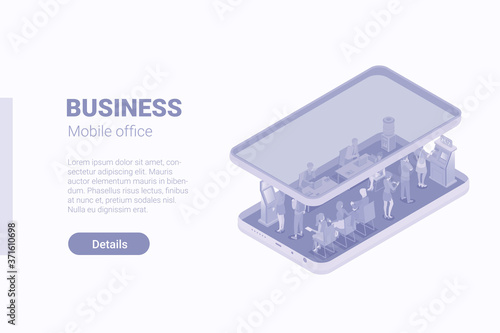 Isometric Flat 3D Bank Office in Smartphone vector concept.