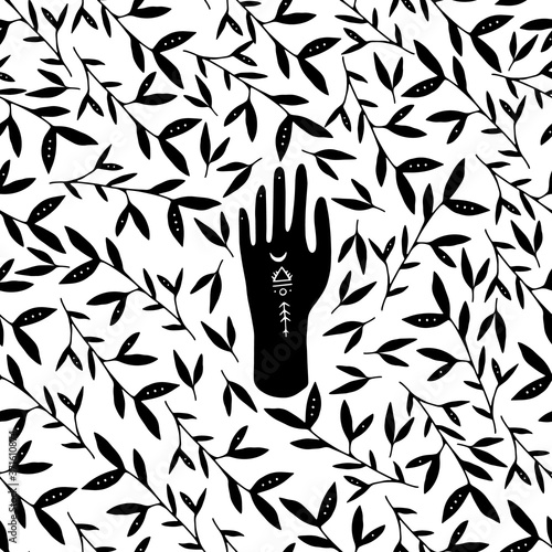 Vector seamless pattern of mystic henna  mudra  hands and flower. Great for fabric, wrapping paper and card. Aztec stile, ethnic collection, design  isolated on white background.
