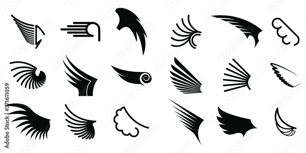 Set Black Line Flat Collection Wings Vector Icon Feather Design Style Decoration Sketch Cartoon Set Black Line Flat Collection Wings Vector Icon Feather Design Style Decoration Sketch Cartoon
