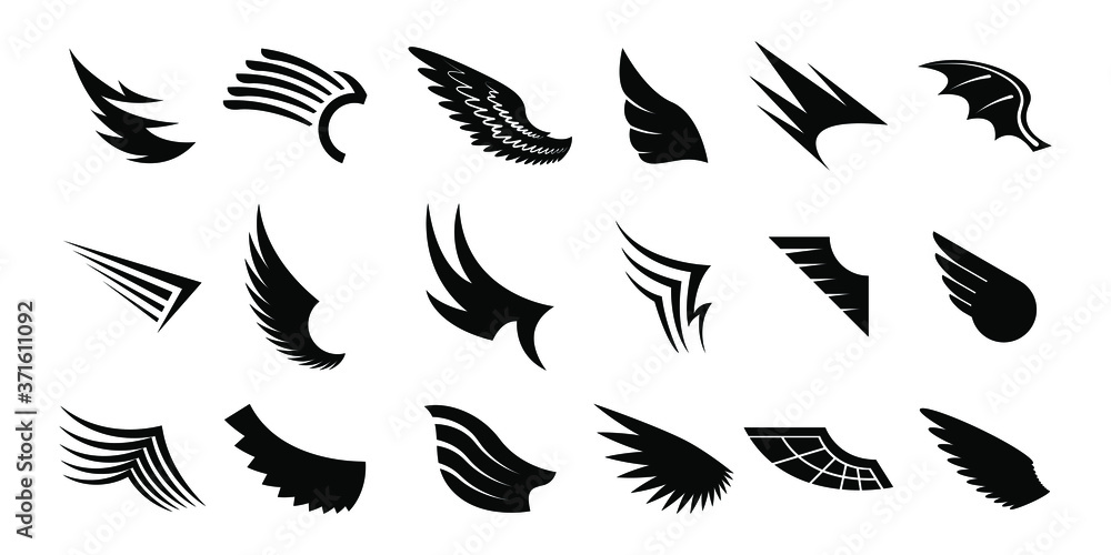 Set Black Line Flat Collection Wings Vector Icon Feather Design Style Decoration Sketch Cartoon