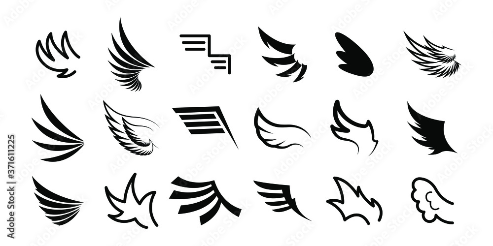 Obraz premium Set Black Line Flat Collection Wings Vector Icon Feather Design Style Decoration Sketch Cartoon