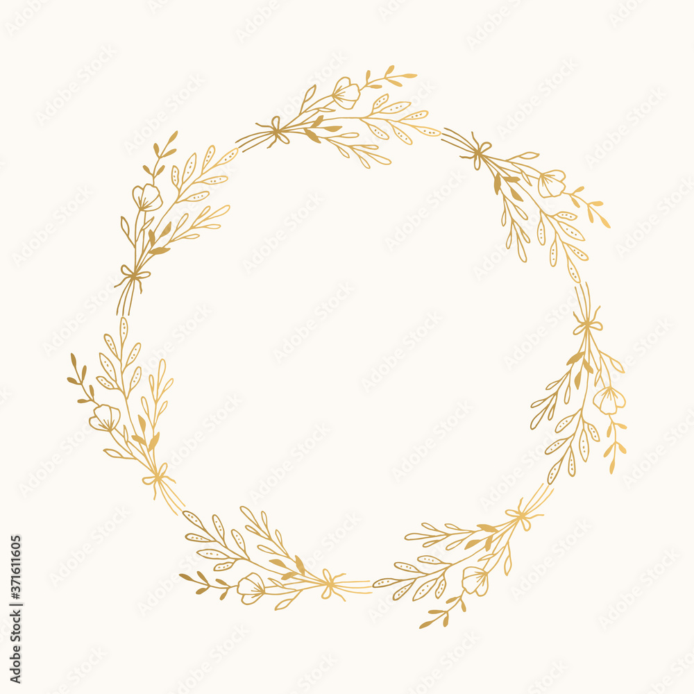Floral golden wreath. Luxury hand drawn design. Botanical frame. Vector isolated illustration. Floral golden wreath. Luxury hand drawn design. Botanical frame. Vector isolated illustration.