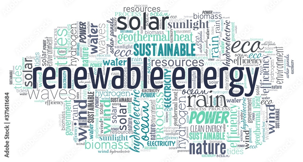 Renewable energy word cloud isolated on a white background.