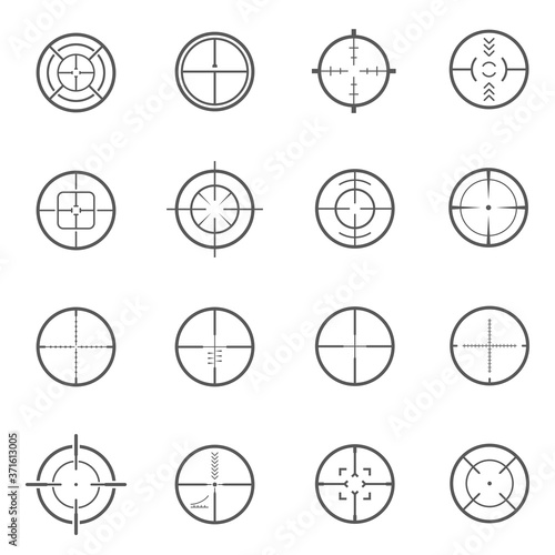 Crosshair, reticle line icons set isolated on white. Graticule, telescopic sight, reticule pictograms. photo
