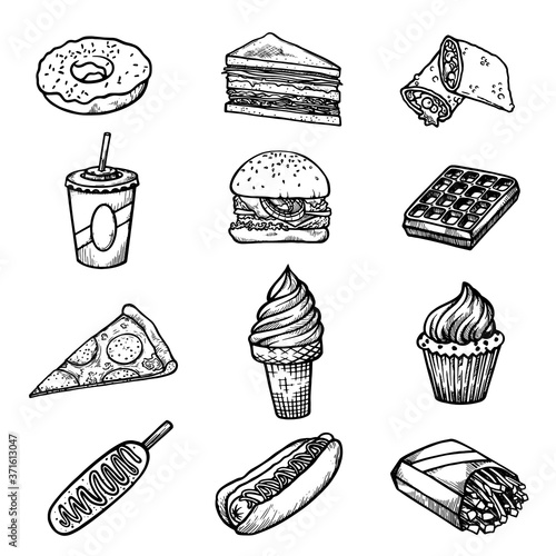 Fast food sketch icons. Donut, piece of layer cake, pizza, sandwich, burger, cola, ice cream.