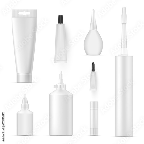 Glue packaging assortment white realistic mockups. Adhesive, mucilage or paste containers.