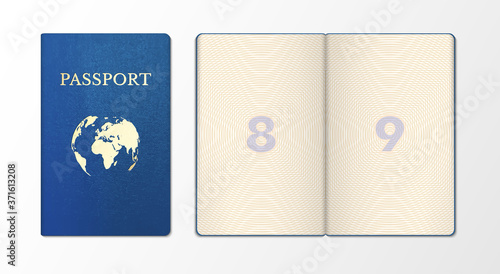 International passport realistic template, sample. Front side, blue cover, page of document.