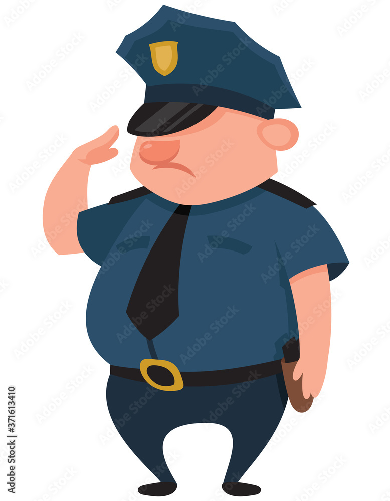 Police officer giving salute. Male character in cartoon style.