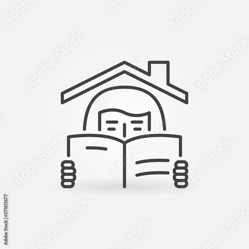 Girl Reading a Book under the House Roof linear icon. Homeschooling outline vector concept sign