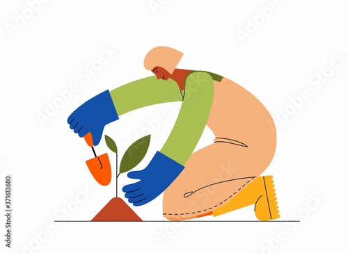 Female farmer, gardener, planting the seedling. Vector flat illustration
