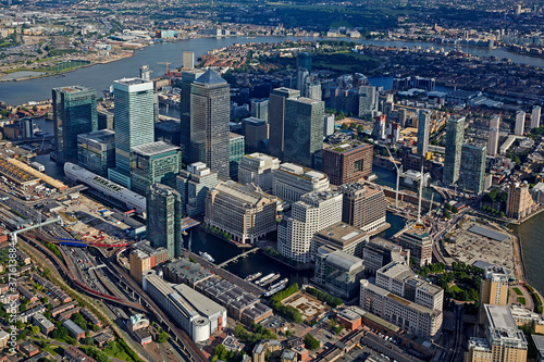 Helicopter view of the financial district of Canary Wharf in East London