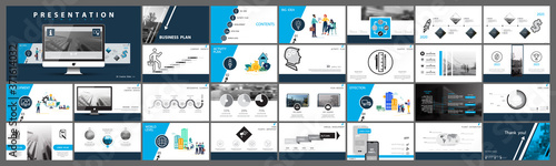 Start a business. Business presentation, design template of blue infographic elements, background. A team of people creates new technologies. Financial teamwork in the city. Use in flyers, marketing