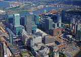 Helicopter view of the financial district of Canary Wharf in East London