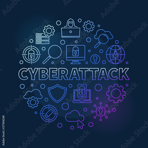 Vector Cyberattack round concept linear colorful illustration on dark background
