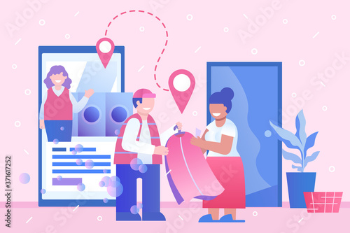 Concept of Online Laundry Service. Pick up and bring back laundered dress. Courier delivers order at home for woman client. Professional Clothes Cleaning, mobile app. Dry cleaning in smartphone