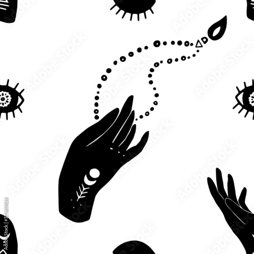 Vector  seamless pattern of mystic henna mudra hands and rosary, eyes esoteric. Great for fabric, wrapping paper and card. Aztec stile, ethnic collection, design  isolated on white background.
