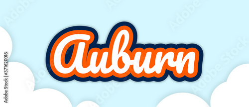 "Auburn", big bold stroke text in football colours, floating in sky with clouds. Editable, Removable background. Vector Illustration.