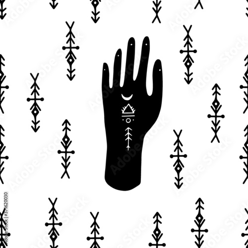 Vector seamless symbol pattern of mystic henna mudra hands and moon. Great for fabric, wrapping paper. Tribal elements, aztec stile, tribal art, ethnic collection, design isolated on white background.