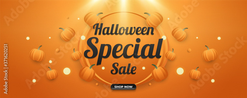 Halloween special sale banner with scattered pumpkins. Online shopping banner with Halloween theme