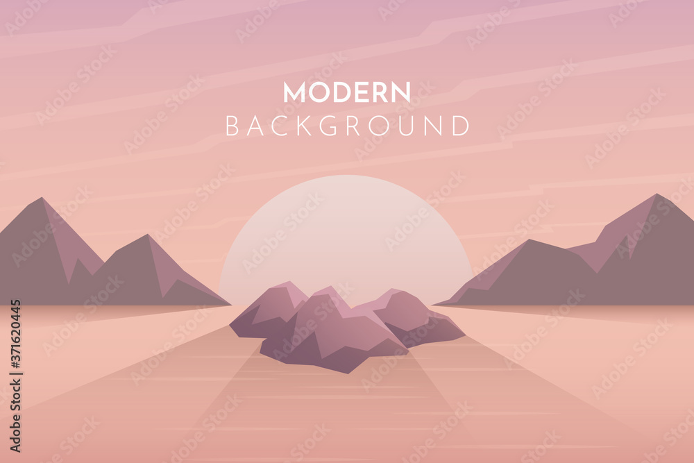 Sunset, night, morning in desert, mountains, Abstract landscape, Vector banner with polygonal landscape illustration, Minimalist style