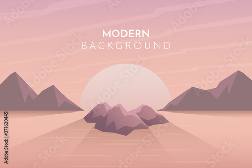 Sunset  night  morning in desert  mountains  Abstract landscape  Vector banner with polygonal landscape illustration  Minimalist style