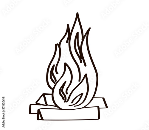 Burning bonfire on a white background. Linear silhouette.