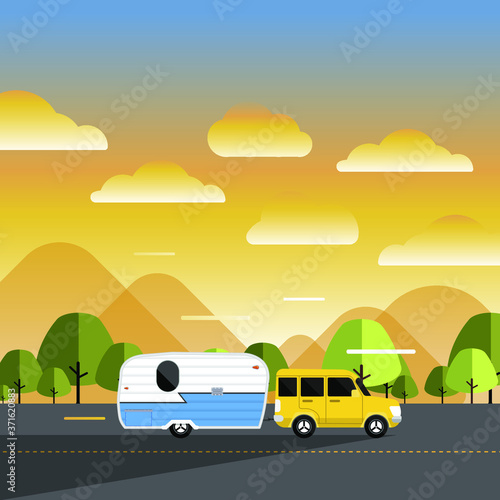 RV Camping illustrations. Vector design concept camper travel journal with RV Cars. Vector EPS 10 Illustrate. © emojoez