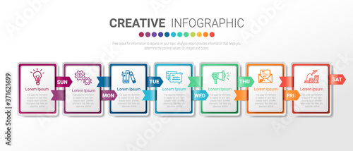 Timeline business for 7 day, 7 options, Timeline infographics design vector and Presentation business can be used for Business concept with 7steps or processes. 