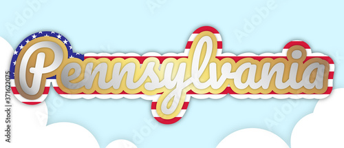 Wallpaper Mural "Pennsylvania" banner, big bold stroke style text. Editable removable background. Gold and silver script on the US flag, in sky with clouds. Vector Illustration.  Torontodigital.ca