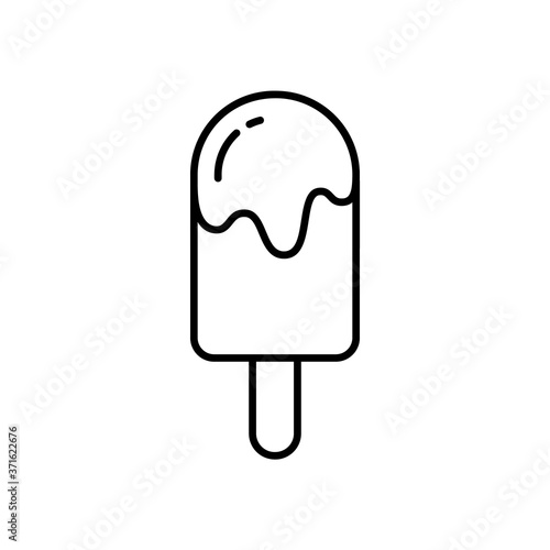 Melting ice cream, eskimo pie. Linear icon of Popsicle. Black simple illustration of ice lolly with flowing icing. Summer dessert. Contour isolated vector pictogram on white background