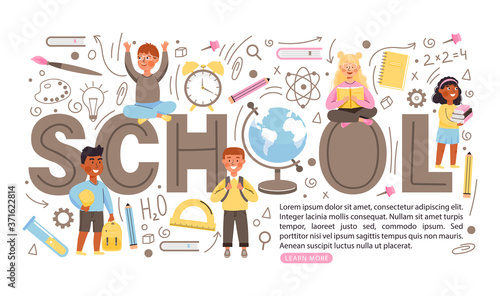 Back to school concept banner with copy space. Young children characters with books and backpacks. Various school supplies and creative lettering. Vector illustration.