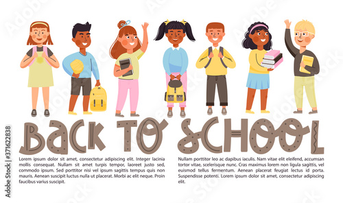 Back to school concept banner with copy space. Elementary school students different ethnicities with books and backpacks. Happy children go to school. Vector illustration with creative lettering.