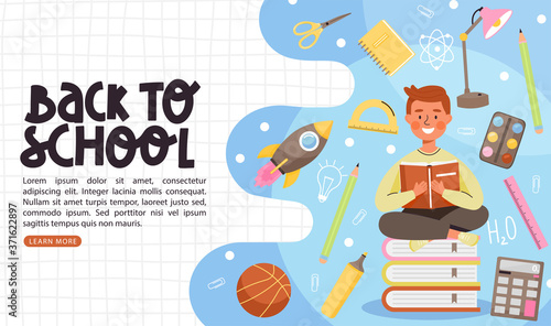 Back to school banner template. Young boy character reading book and sitting on a stack of books. Composition with books, calculator, stationery, rocket, ball etc. Vector web page banner illustration.