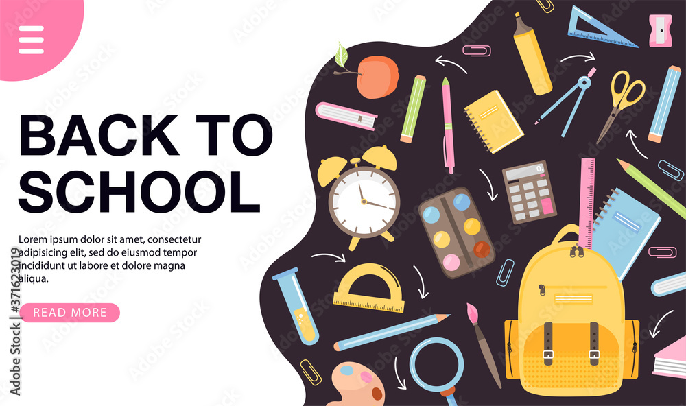 School time or back to school banner design. Various school supplies. Books, backpack, alarm clock, stationery, ball etc. Vector web page banner illustration.
