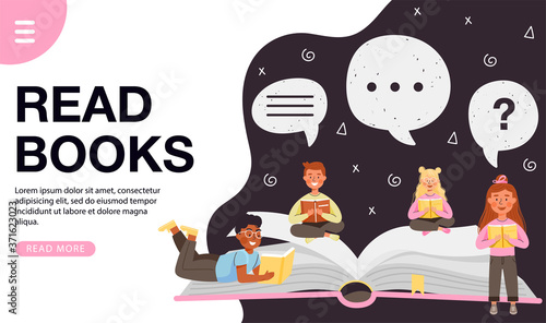 Read books design concept. Young children characters reading books. Group of kids studying and learning. Vector web page banner illustration.