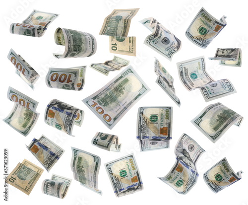 Set of flying dollars banknotes isolated on white background and texture, clipping path 