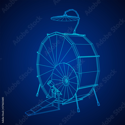 Musical instruments set. Rock band drum kit. Percussion musical instrument drums and cymbal. Wireframe low poly mesh vector illustration.