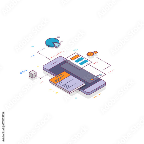 Mobile app develop concept. Isometric line mobile phone with UI and layers of applications. Creating an app on mobile phone. UI and software. Prototyping web and mobile page or app.