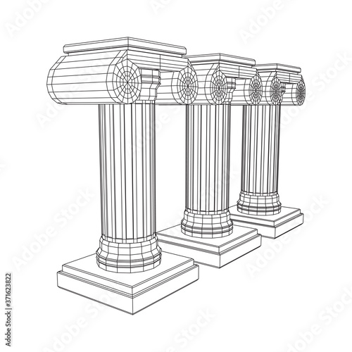 Greek ionic column. Ancient pillars roman antique architecture construction decoration. Wireframe low poly mesh vector illustration.