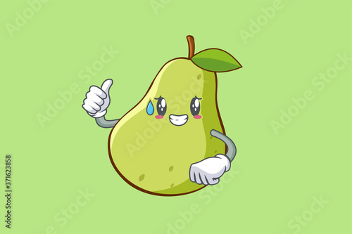 NERVOUS, PHEW, DISAPPOINTED, RELIEVED Face Emotion. Thumb Up Hand Gesture. Green Pear Fruit Cartoon Drawing Mascot Illustration. photo