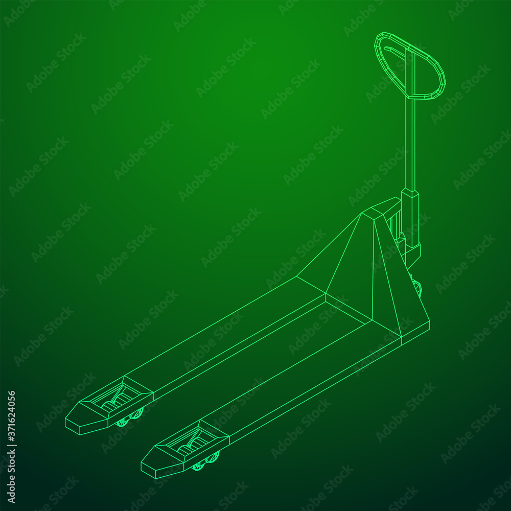 Hand pallet jack lift. Manual forklift. Logistics shipping concept. Wireframe low poly mesh vector illustration.