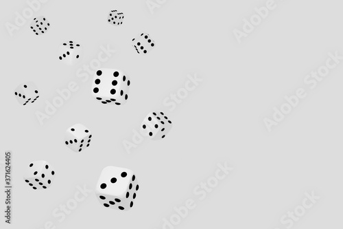 White flying dice on a light background 3D illustration