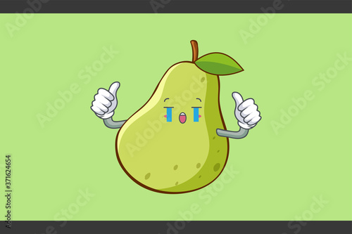 CRYING, SAD, SOB, CRY Face Emotion. Double Thumb Up Hand Gesture. Green Pear Fruit Cartoon Drawing Mascot Illustration.